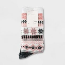 Women's Fair Isle Double Lined Cozy Crew Socks - A New Day™ Pink/Heather Gray 4-10