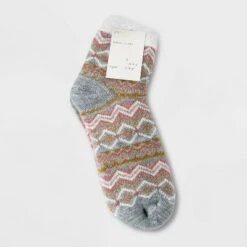 Women's Fair Isle Double Lined Cozy Ankle Socks - A New Day™ Heather Gray/Pink/Gold 4-10