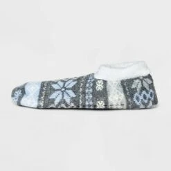 Women's Fair Isle Double Lined Cozy Booties with Grippers - A New Day™ Heather Gray/Blue 4-10