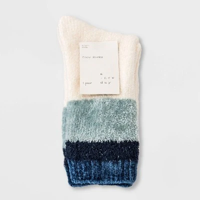 Women's Colorblock Chenille Cozy Crew Socks - A New Day™ 4-10 Surf Blue 3 Women's Colorblock Chenille Cozy Crew Socks - A New Day™ 4-10 Surf Blue