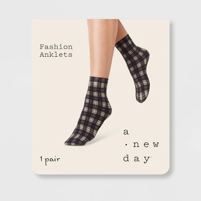 Women's Plaid Anklet Socks - A New Day™ Black/Tan 4-10 3 Women's Plaid Anklet Socks - A New Day™ Black/Tan 4-10