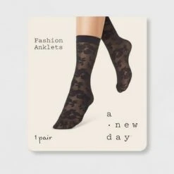 Women's Sheer Rose Anklet Socks - A New Day™ Black 4-10