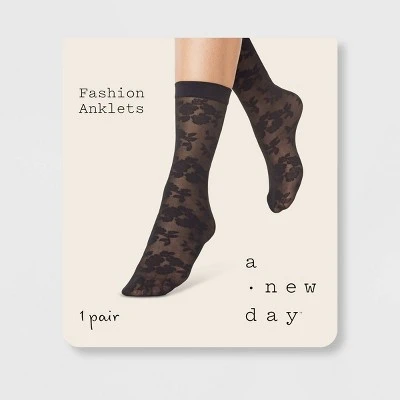 Women's Sheer Rose Anklet Socks - A New Day™ Black 4-10 3 Women's Sheer Rose Anklet Socks - A New Day™ Black 4-10