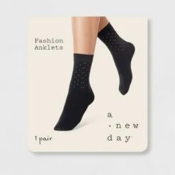 Women's Studded Anklet Socks - A New Day™ Black 4-10