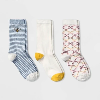 Women's Embroidered Bee 3pk Crew Socks - A New Day™ Heather Gray/Cream/Yellow 4-10 4 Women's Embroidered Bee 3pk Crew Socks - A New Day™ Heather Gray/Cream/Yellow 4-10 - Image 2