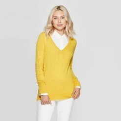 Women's Ribbed Cuff V-Neck Pullover Sweater - A New Day™ Gold M -A New Day popular shop unnamed file 4397