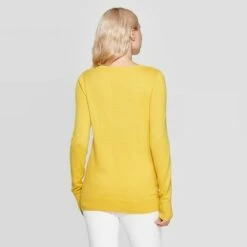 Women's Ribbed Cuff V-Neck Pullover Sweater - A New Day™ Gold XS