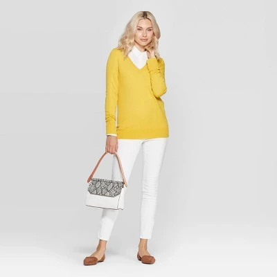 Women's Ribbed Cuff V-Neck Pullover Sweater - A New Day™ Gold XS 3 Women's Ribbed Cuff V-Neck Pullover Sweater - A New Day™ Gold XS - Image 2