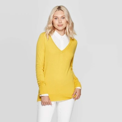 Women's Ribbed Cuff V-Neck Pullover Sweater - A New Day™ Gold XS 4 Women's Ribbed Cuff V-Neck Pullover Sweater - A New Day™ Gold XS - Image 3