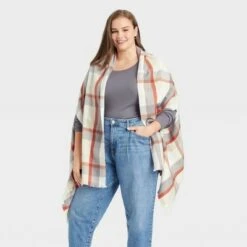 Women's Plus Size Plaid Wrap Jacket - A New Day™ Cream One Size -A New Day popular shop unnamed file 564