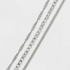 9" Twisted Curb Stone Anklet Set 3pc - A New Day™ Dark Silver