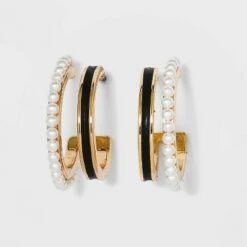 Faux Duo Enamel and Pearl Huggie Hoop Earrings - A New Day™ White -A New Day popular shop unnamed file 769