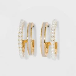 Faux Duo Enamel and Pearl Huggie Hoop Earrings - A New Day™ White -A New Day popular shop unnamed file 771