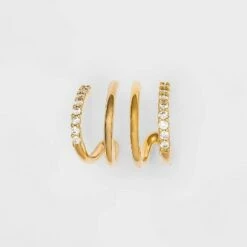 14K Gold Plated Cubic Zirconia Double Hoop Earrings - A New Day™