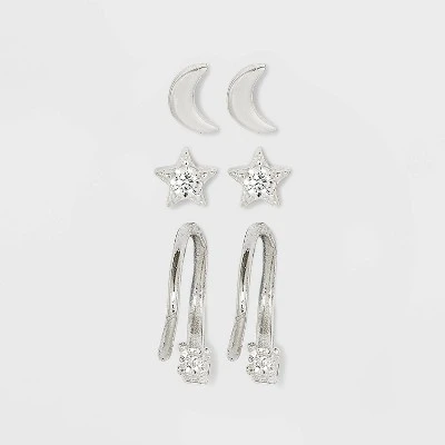 Sterling Silver Star Stud Cubic Zirconia Moon and Endless Hoop Earring Set 3pc - A New Day™ 4 Sterling Silver Star Stud Cubic Zirconia Moon and Endless Hoop Earring Set 3pc - A New Day™ - Image 2
