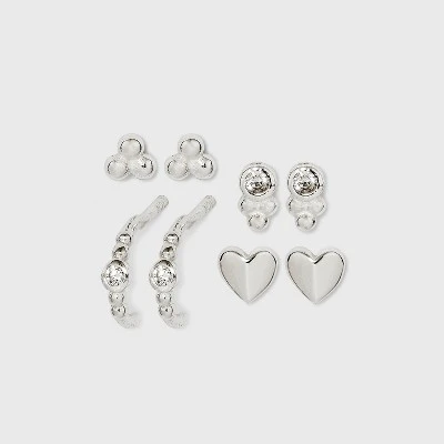 Sterling Silver Triple Bead Heart Cubic Zirconia and Hoop Earring Set 4pc - A New Day™ 4 Sterling Silver Triple Bead Heart Cubic Zirconia and Hoop Earring Set 4pc - A New Day™ - Image 2