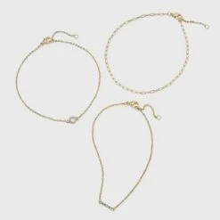 Crystal and Chain Anklet Trio Set - A New Day™ Gold