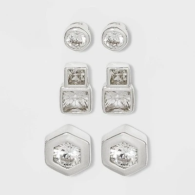 Sterling Silver Cubic Zirconia Multi Shape Stud Earring Set 3pc - A New Day™ Metallic Silver 3 Sterling Silver Cubic Zirconia Multi Shape Stud Earring Set 3pc - A New Day™ Metallic Silver