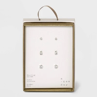 Sterling Silver Cubic Zirconia Multi Shape Stud Earring Set 3pc - A New Day™ Metallic Silver 5 Sterling Silver Cubic Zirconia Multi Shape Stud Earring Set 3pc - A New Day™ Metallic Silver - Image 3