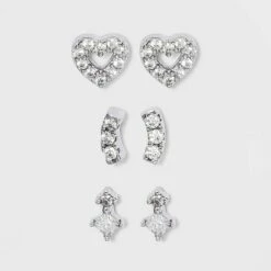 Sterling Silver Cubic Zirconia Heart and Stacked Stud Earring Set - A New Day™ Silver