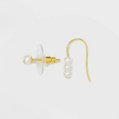 Sterling Silver with Cubic Zirconia and Glass Pearl Stud Earring Set 4pc - A New Day™ - Gold