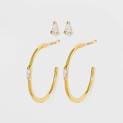 Sterling Silver Hoop and Cubic Zirconia Duo Stud Earring Set - A New Day™ Gold 4 Sterling Silver Hoop and Cubic Zirconia Duo Stud Earring Set - A New Day™ Gold - Image 2