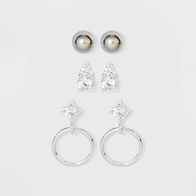 Sterling Silver with Cubic Zirconia Glass Pearl Stud Earring Set 3pc - A New Day™ Silver 4 Sterling Silver with Cubic Zirconia Glass Pearl Stud Earring Set 3pc - A New Day™ Silver - Image 2